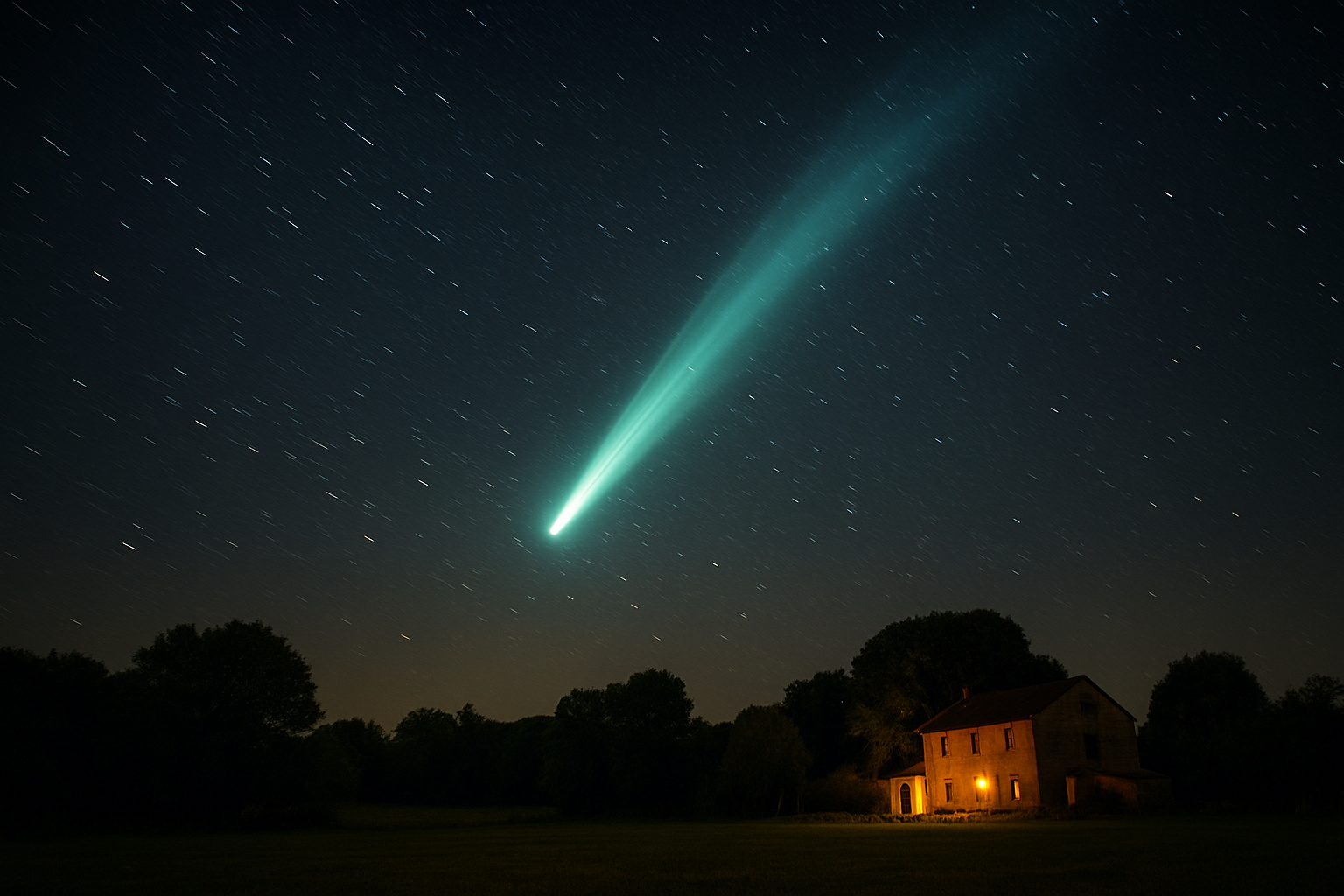 Cometa C/2025 R2 Swan fotografado em Piratininga cruzando o céu estrelado do Brasil com cauda brilhante.