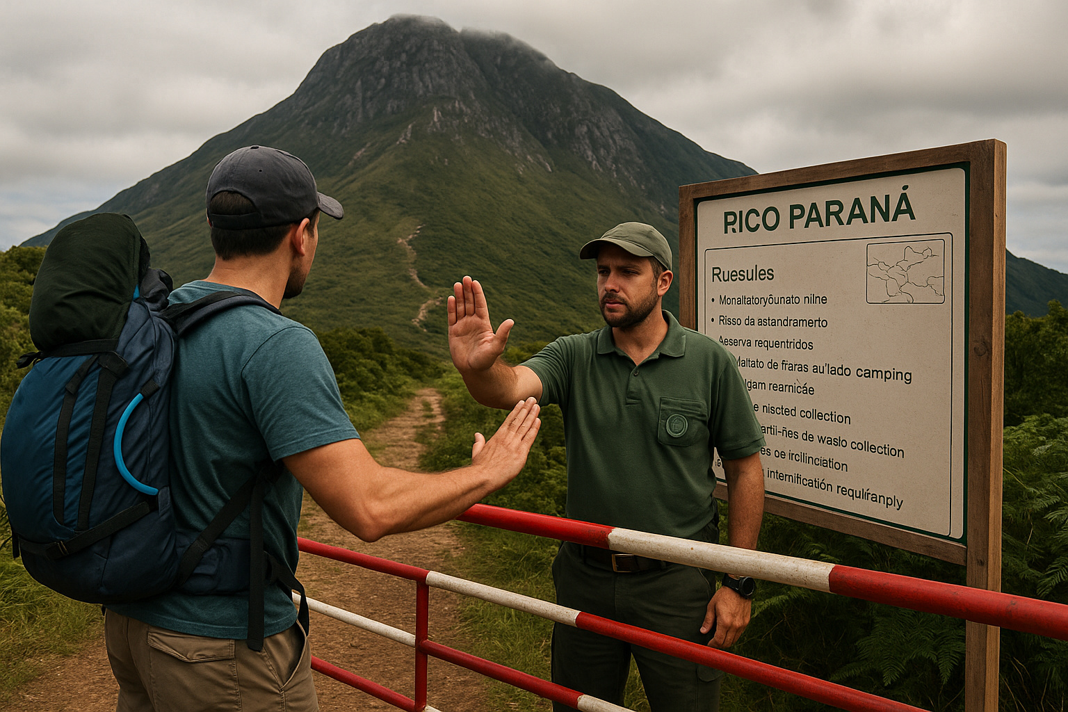 Fiscal barra trilheiro na entrada do Pico Paraná, reforçando novas regras de visitação e preservação ambiental.