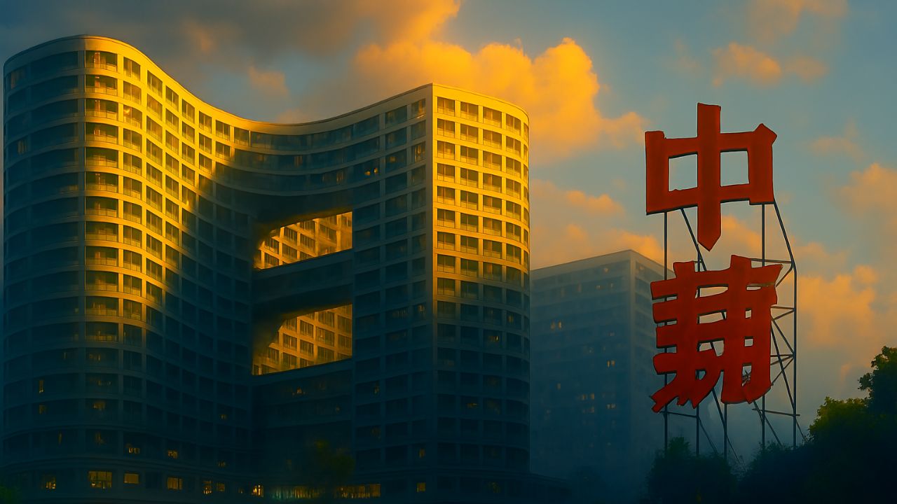 Imagem de um gigantesco edifício residencial em formato curvo, iluminado pelo pôr do sol, com caracteres chineses vermelhos em destaque à direita. O prédio possui dezenas de andares e centenas de janelas, sugerindo alta densidade populacional.
