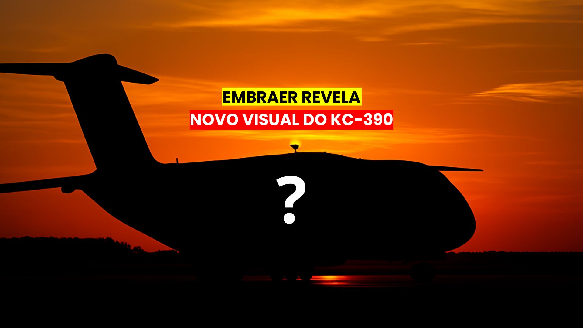 Silhueta de uma aeronave militar estacionada em um aeroporto ao pôr do sol, com céu em tons de laranja intenso e sem presença de pessoas.