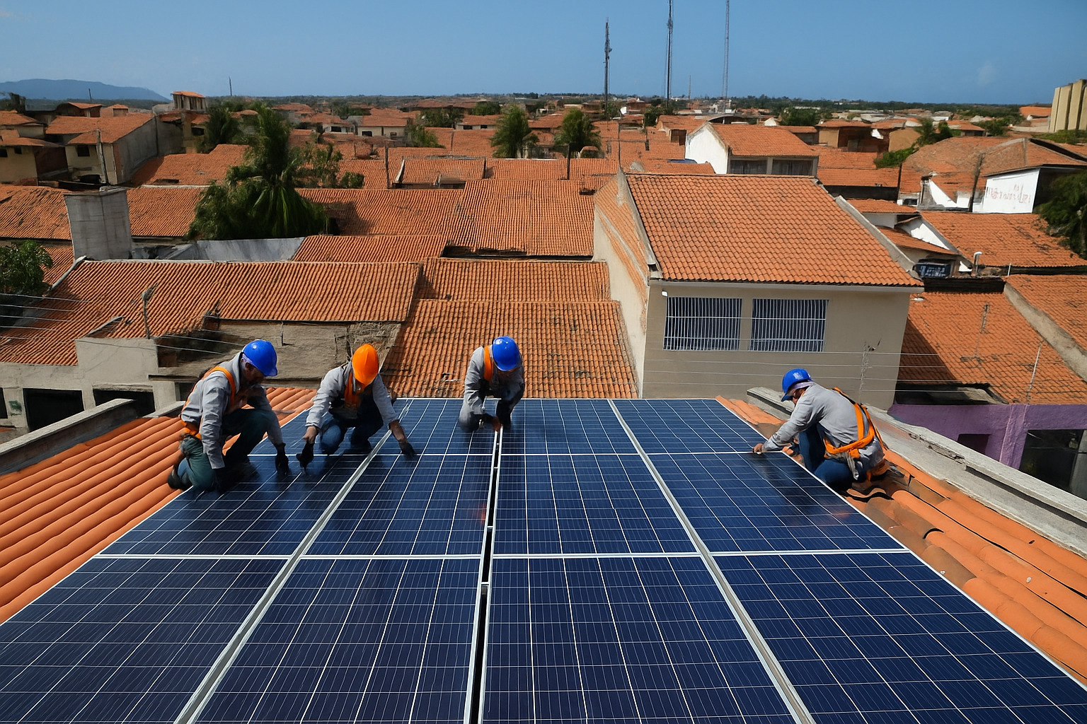 Profissionais instalando painéis solares em telhado residencial com céu azul ao fundo.
