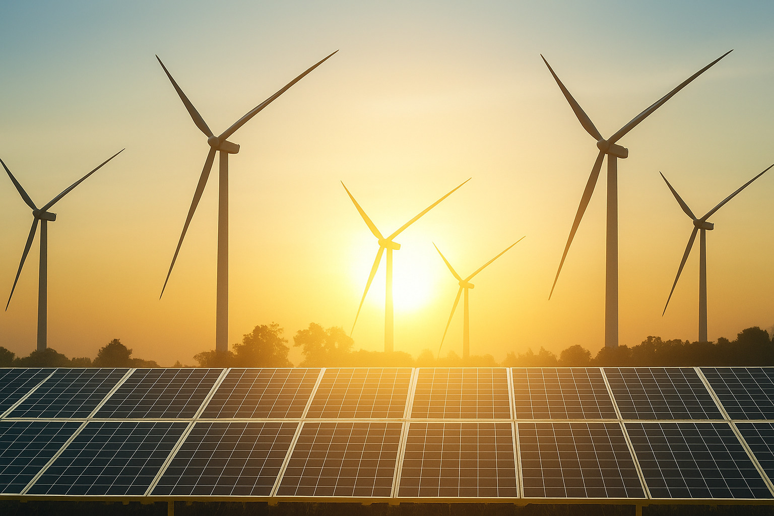 Painéis solares e turbinas eólicas em funcionamento durante a manhã ensolarada.