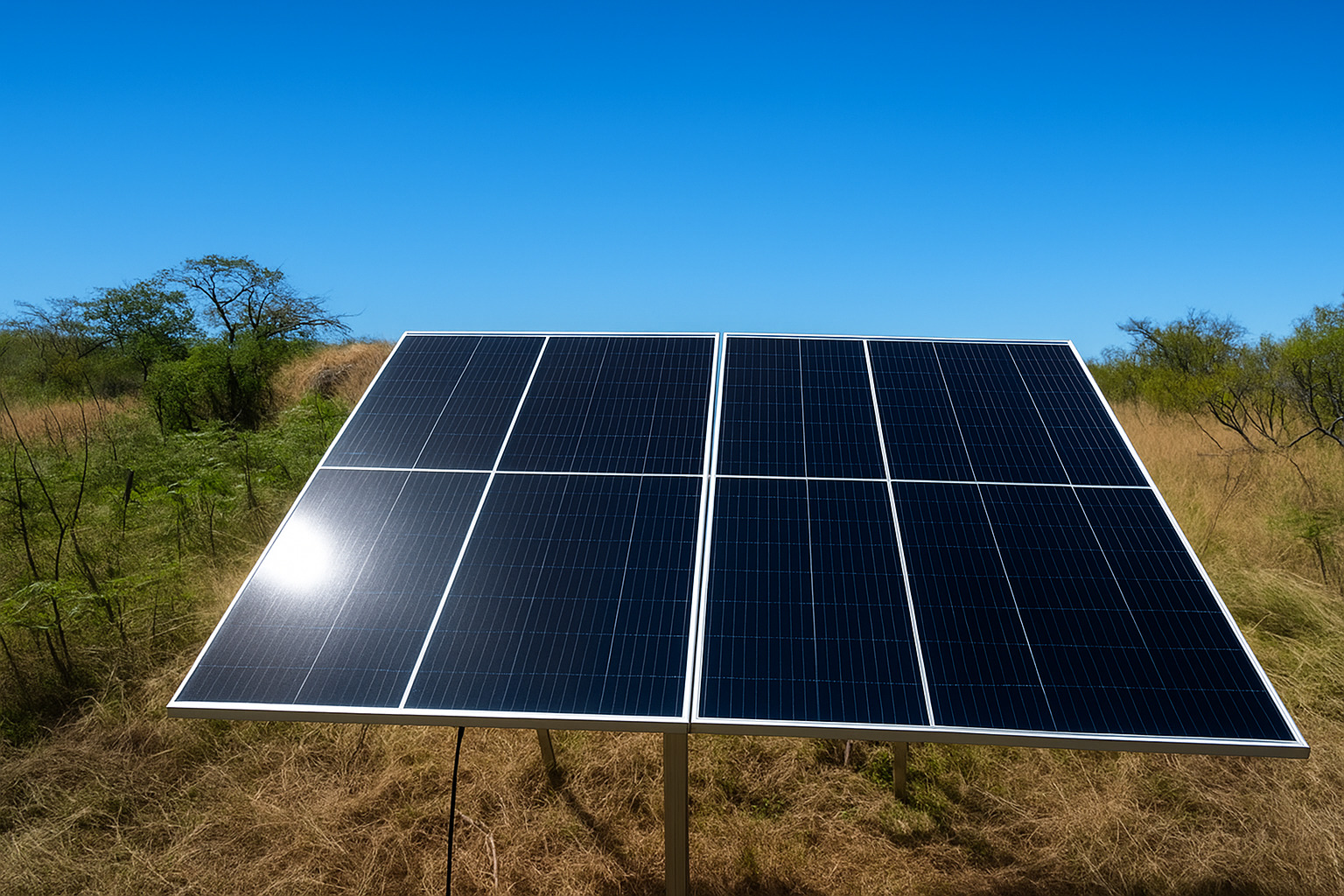 Painel solar instalado em área rural com céu limpo e ensolarado.