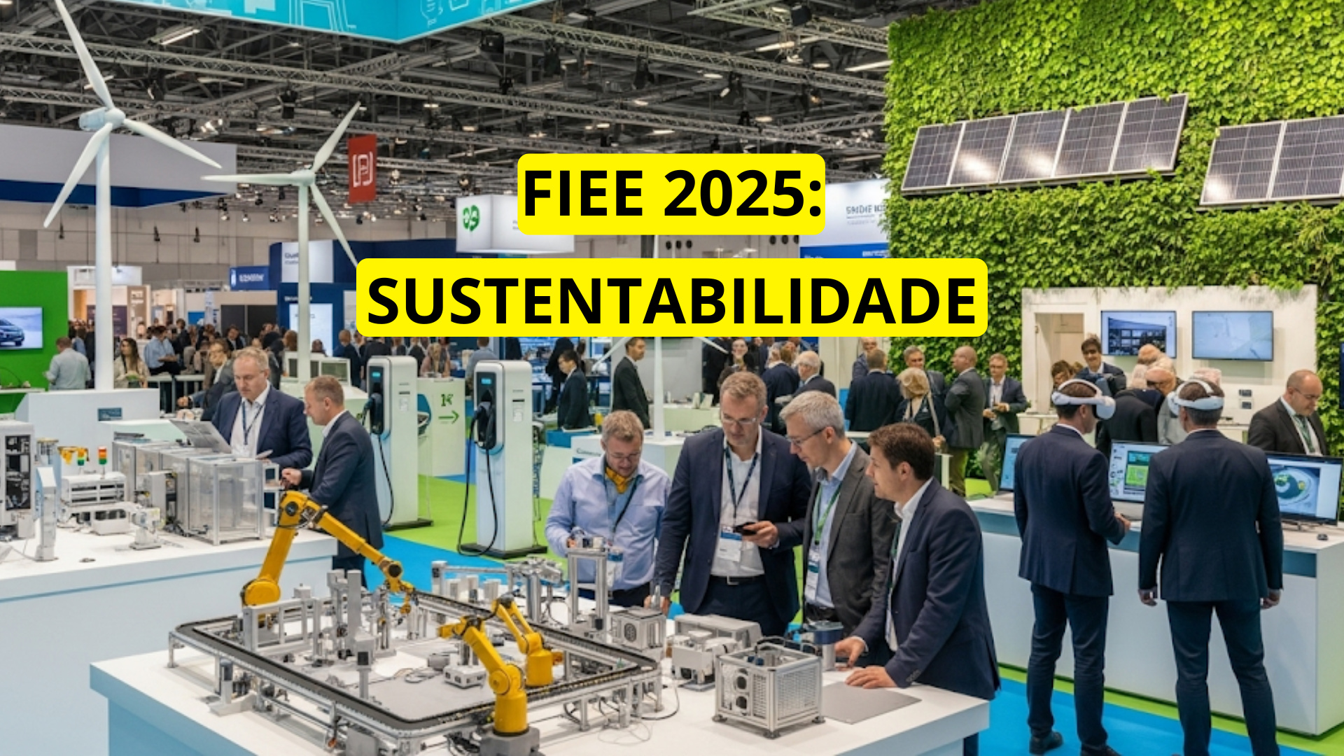 Exposição da FIEE 2025 no São Paulo Expo com tecnologias sustentáveis, incluindo painéis solares, turbinas e equipamentos industriais voltados à energia limpa e indústria 4.0.