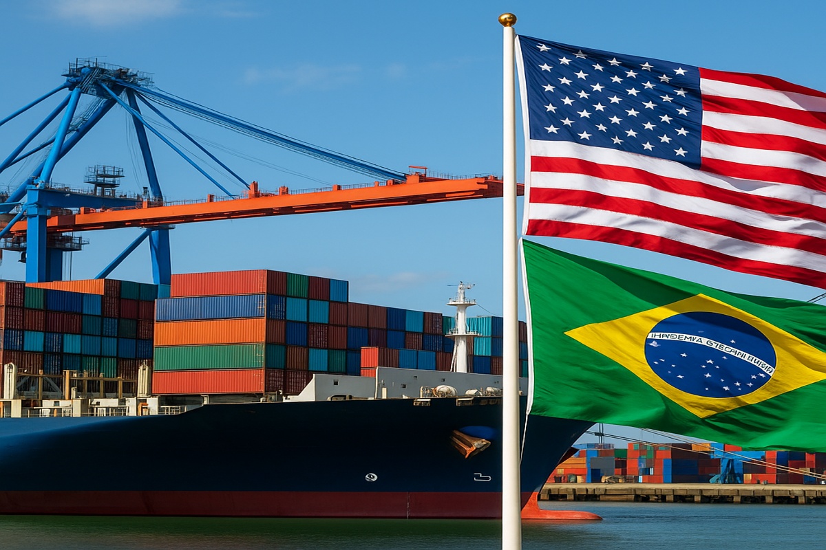 Porto com contêineres, bandeiras do Brasil e dos EUA, representando drawback e exportações brasileiras afetadas por tarifas norte-americanas.