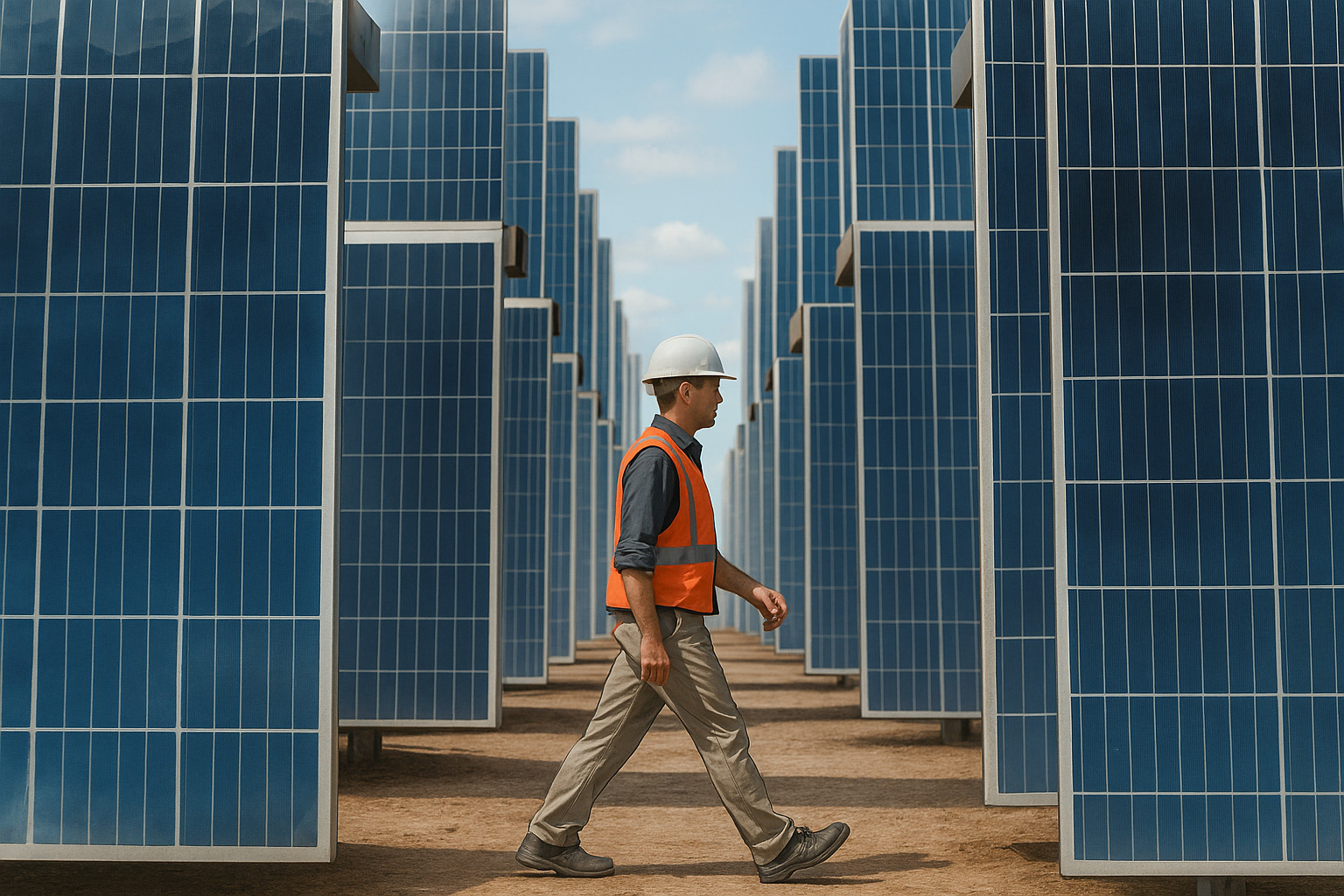 Trabalhador inspeciona usina solar entre fileiras de painéis fotovoltaicos.