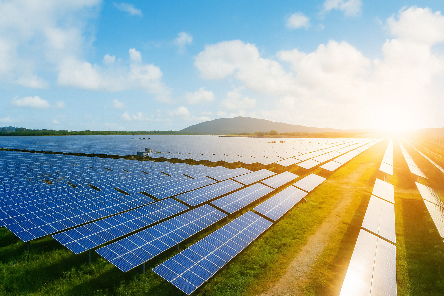 Grande usina solar com painéis fotovoltaicos sob céu azul parcialmente nublado ao pôr do sol.