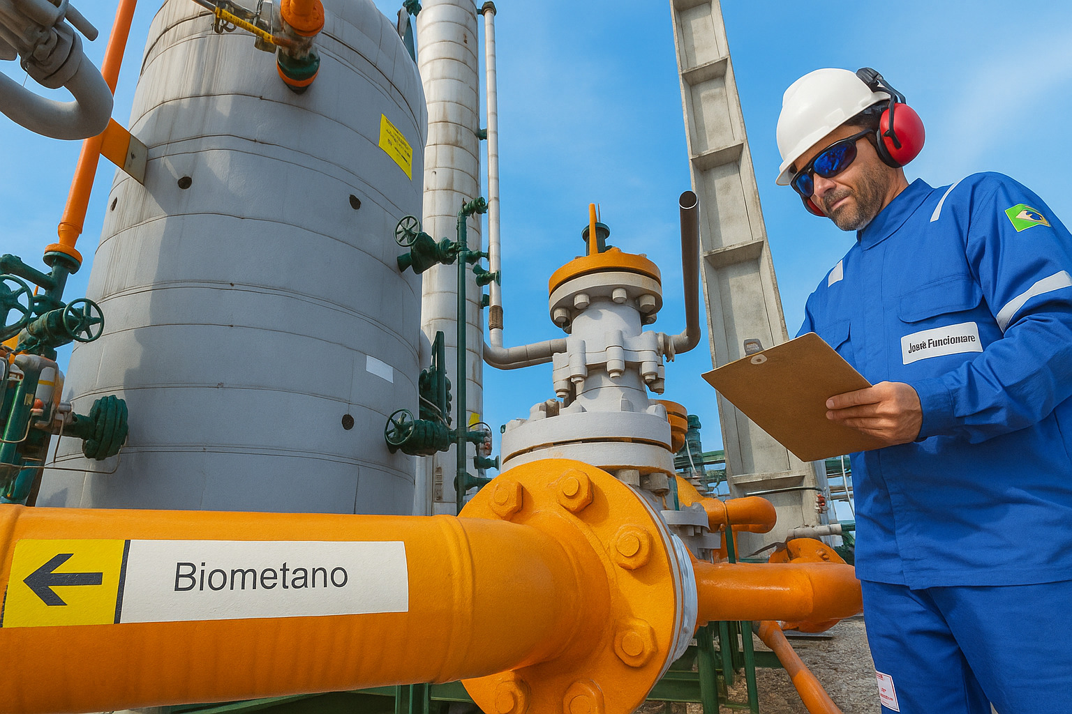 Trabalhador inspeciona usina de produção de biometano com céu limpo ao fundo.