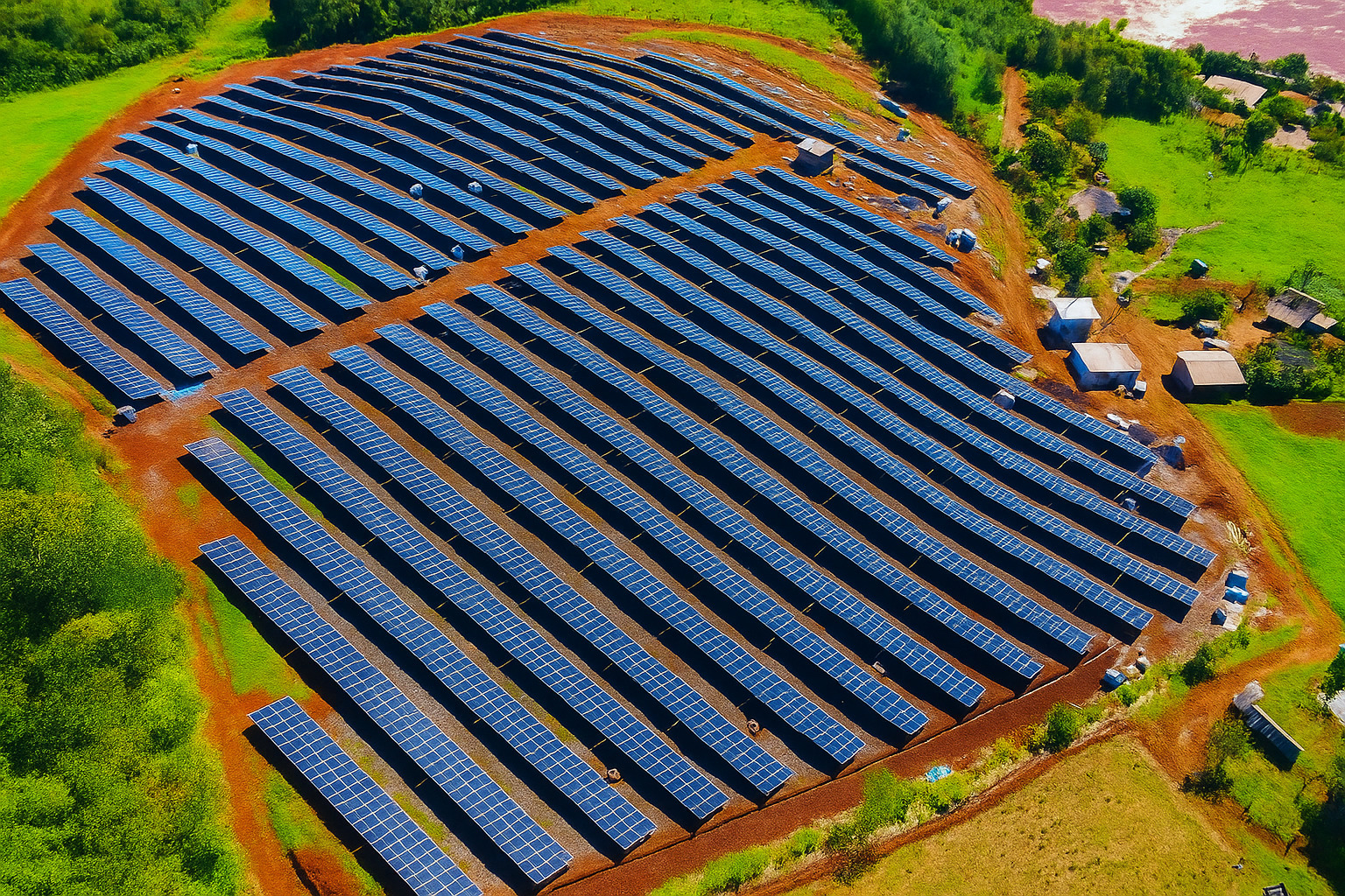 Vista aérea de uma usina solar com fileiras de painéis em meio a área verde.