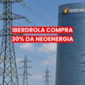 Torres de transmissão de energia em primeiro plano com o edifício da Iberdrola ao fundo, representando infraestrutura elétrica e investimento no setor energético brasileiro