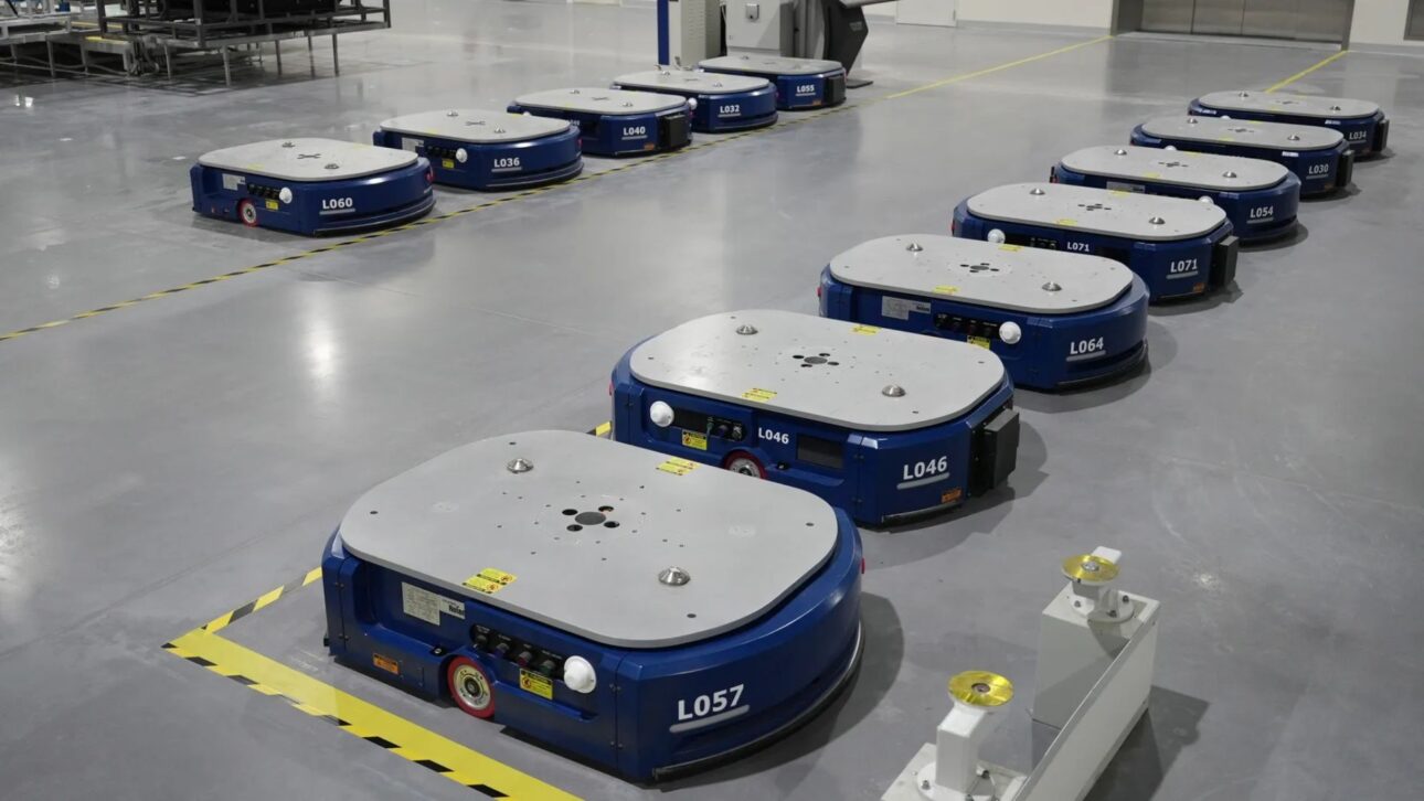 Veículos autônomos móveis (AGVs) organizados no chão de fábrica, evidenciando o fluxo logístico automatizado na montagem.
(Imagem: TopGear — automação com robôs de transporte na linha de produção)