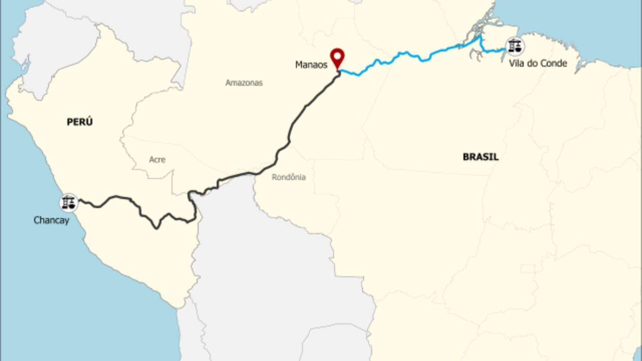 Traçado ferroviário entre Brasil e Peru, destacando Manaus, Acre e Chancay como pontos logísticos centrais. (Imagem: Centro de Estudos sobre China e Ásia-Pacífico, UP)
