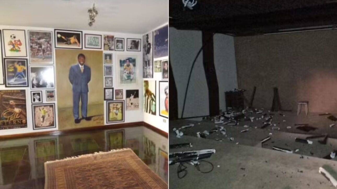 Mansão de Pelé no Guarujá enfrenta abandono, dívida de R$ 452 mil em IPTU e penhora de R$ 7 milhões, sob risco de leilão.