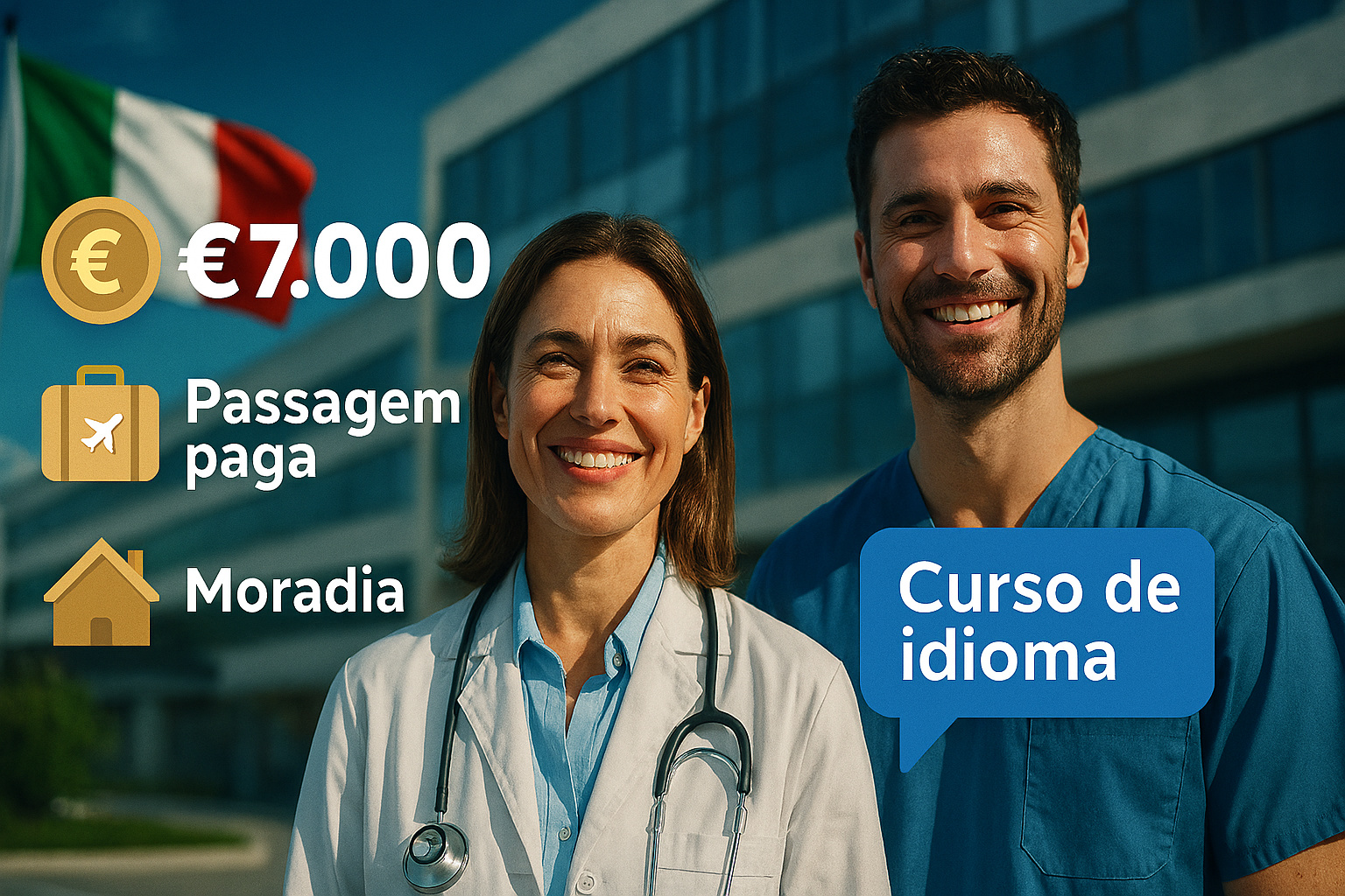 Itália está recrutando 65 mil profissionais de saúde e oferece salários até €7 mil, com moradia, passagem, curso de idioma, além de vistos até 2028 e flexibilidade na aceitação de diplomas estrangeiros