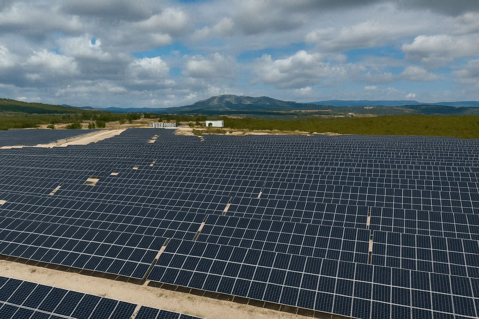 Painel solar em funcionamento em uma usina fotovoltaica com céu limpo ao fundo.