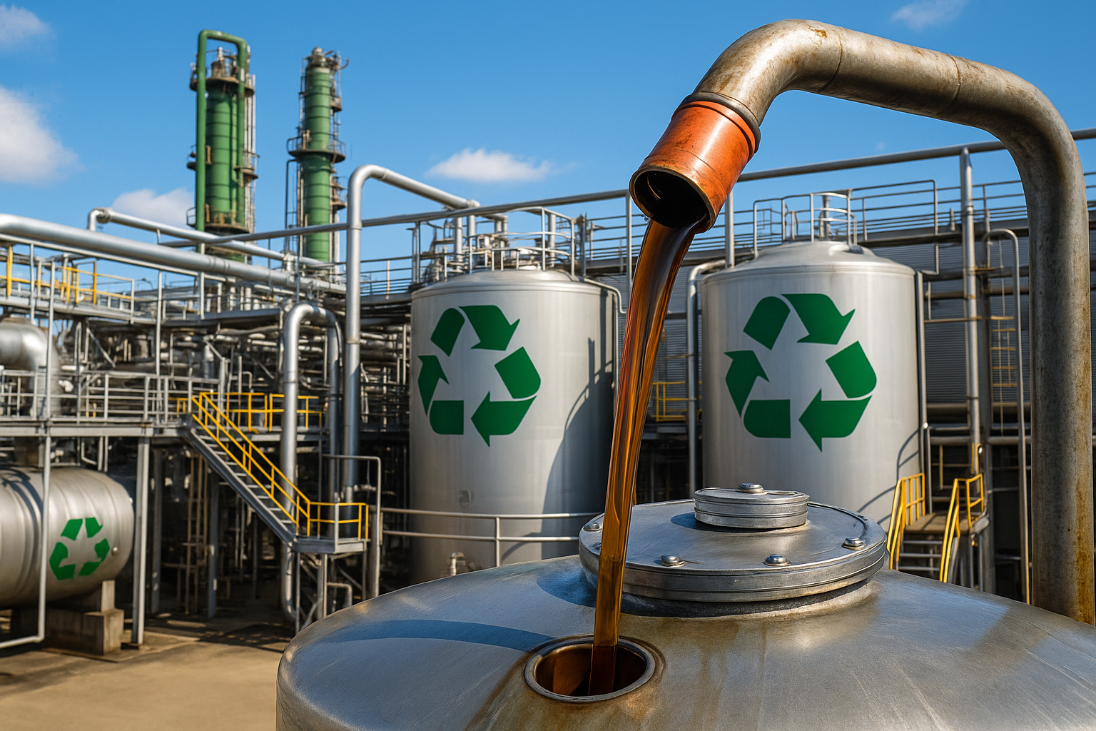 Usina de reciclagem de óleo lubrificante com tanques industriais e símbolo de sustentabilidade