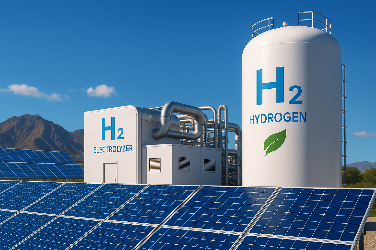 Planta de hidrogênio verde com eletrolisador, tanque de H2 e painéis solares no México