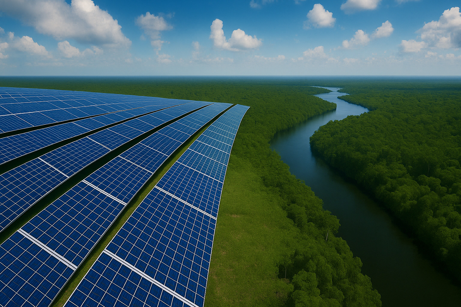 Painéis solares instalados em grande área verde ao lado de um rio sinuoso sob céu azul com nuvens.