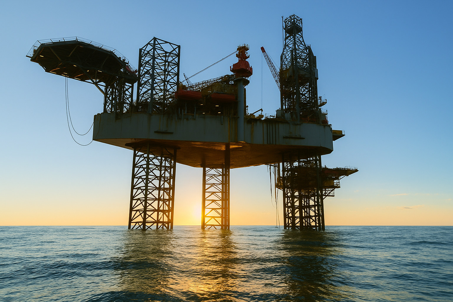 Plataforma de petróleo offshore ao amanhecer com céu claro e mar calmo.