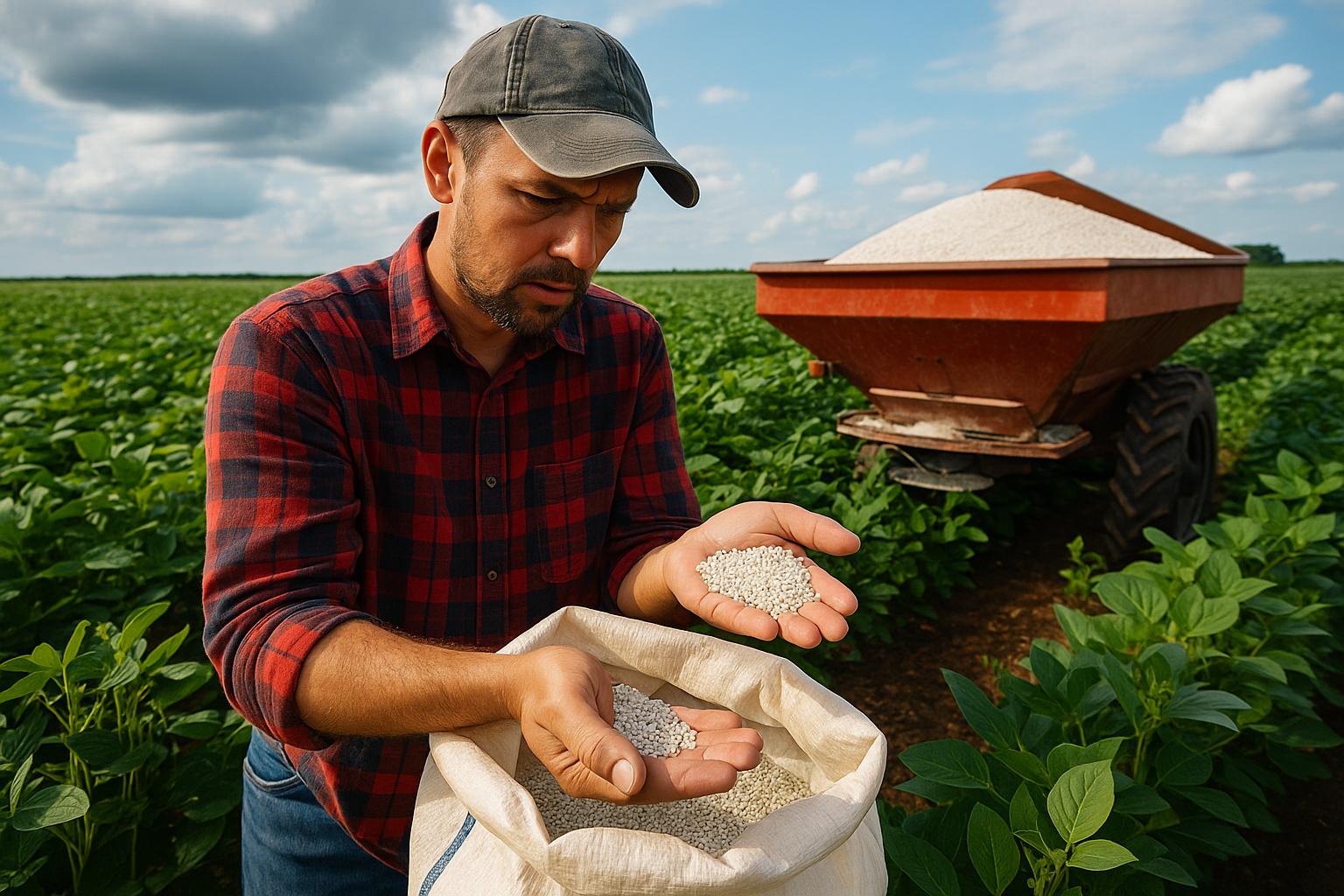 Agricultor analisa fertilizante em campo de soja com carregamento parado