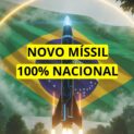 Míssil em ascensão diante da bandeira do Brasil, representando avanço tecnológico e soberania nacional.