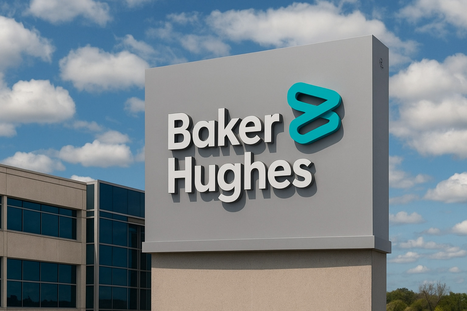 Fachada da empresa Baker Hughes com céu parcialmente nublado.