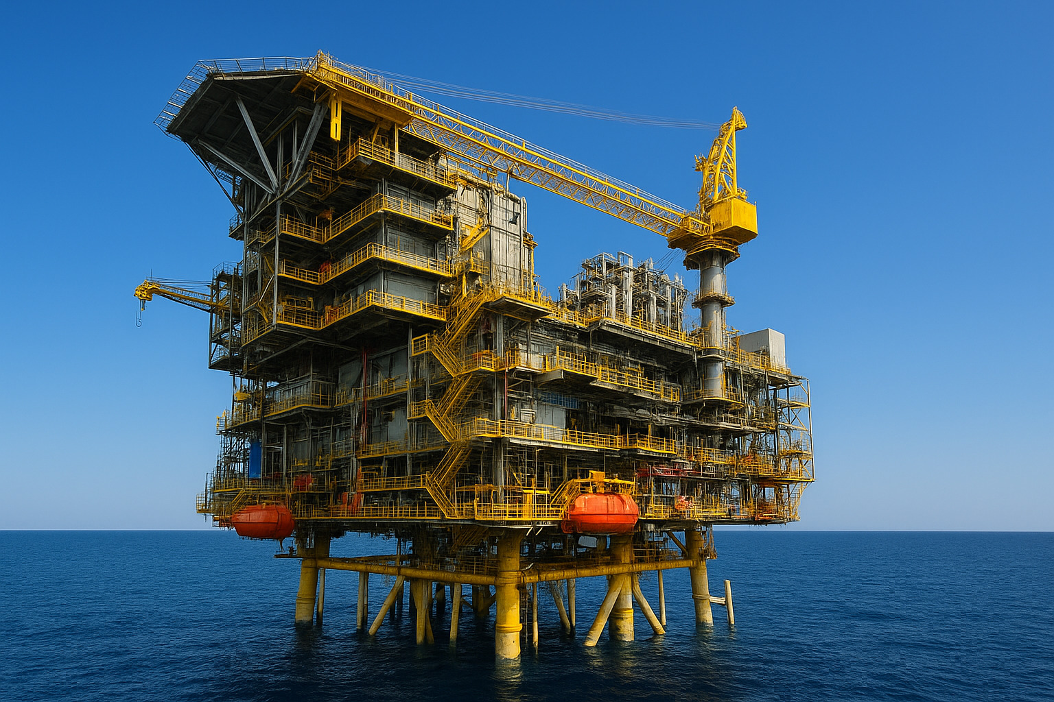 Plataforma de petróleo offshore em alto-mar sob céu limpo e azul.