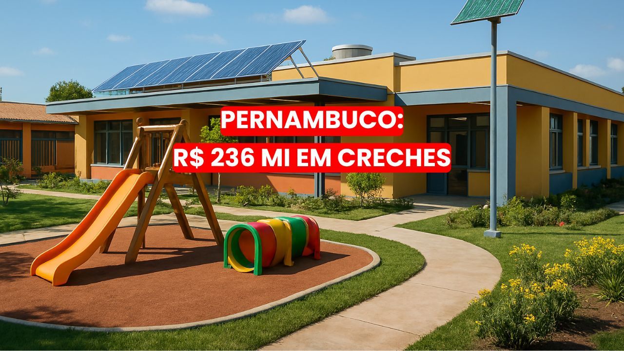 Centro de Educação Infantil moderno com playground e painéis solares, cercado por áreas verdes e estrutura sustentável.