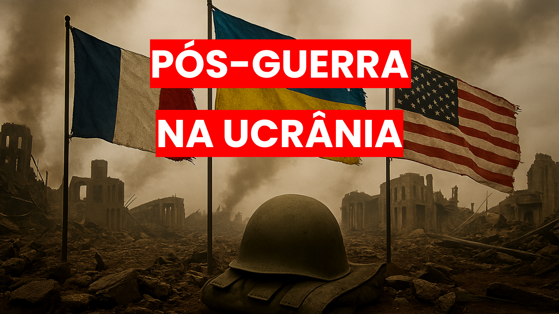 Três bandeiras desgastadas da França, Ucrânia e Estados Unidos tremulam sobre um cenário de destruição urbana, com fumaça ao fundo e um capacete militar repousando entre os escombros