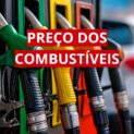 Nozzles de gasolina, etanol e diesel em bomba de combustível colorida, com carro desfocado ao fundo.