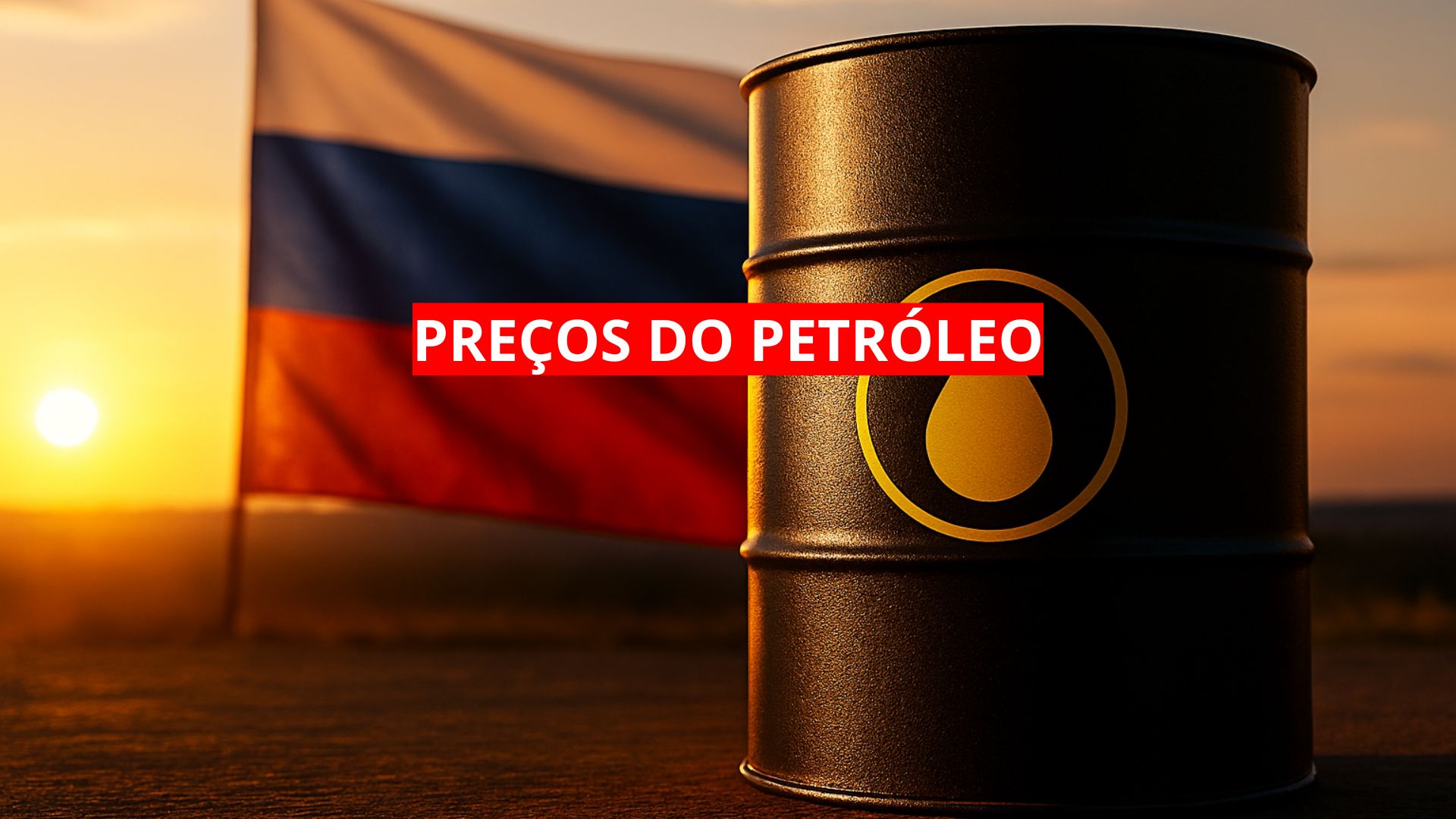 Barril de petróleo preto com símbolo amarelo em destaque, posicionado em frente à bandeira da Rússia ao pôr do sol, representando tensões geopolíticas e influência energética