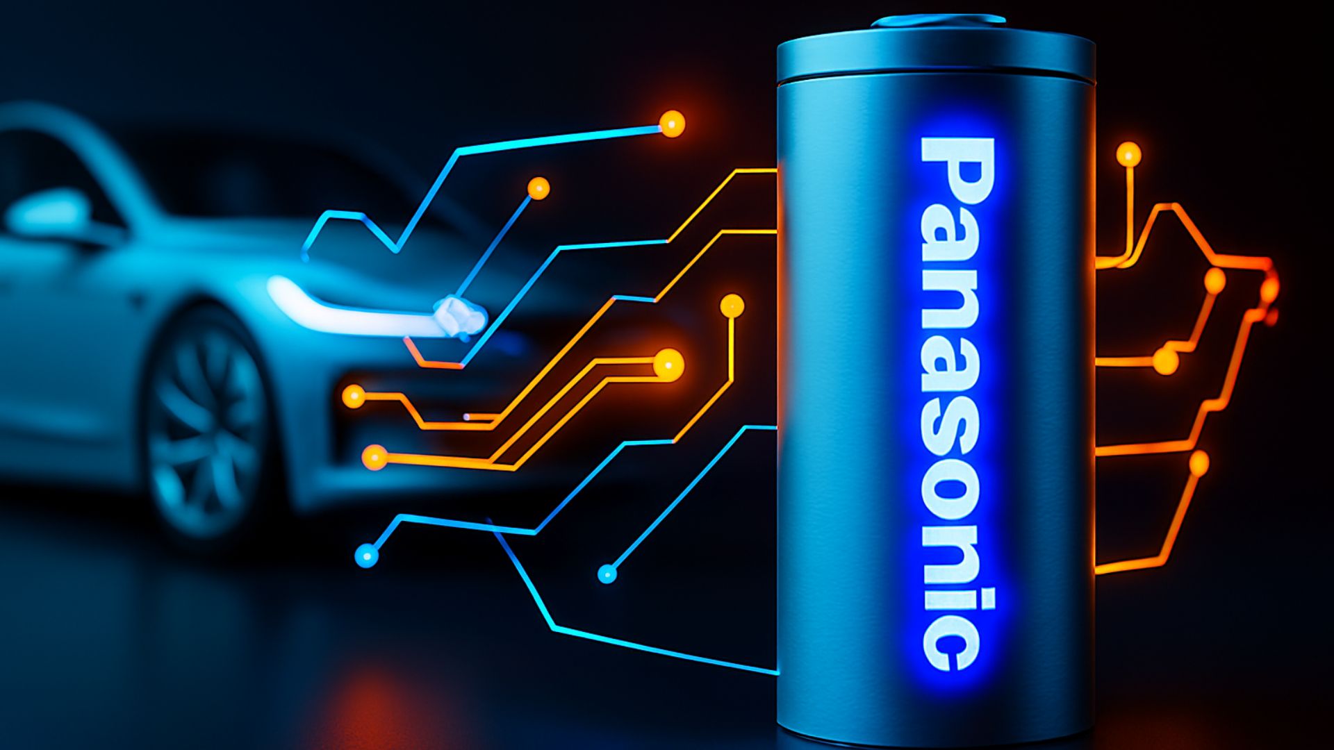 Imagem realista de uma bateria Panasonic iluminada em azul conectada a um carro elétrico por circuitos digitais brilhantes, representando inovação em tecnologia sem ânodo