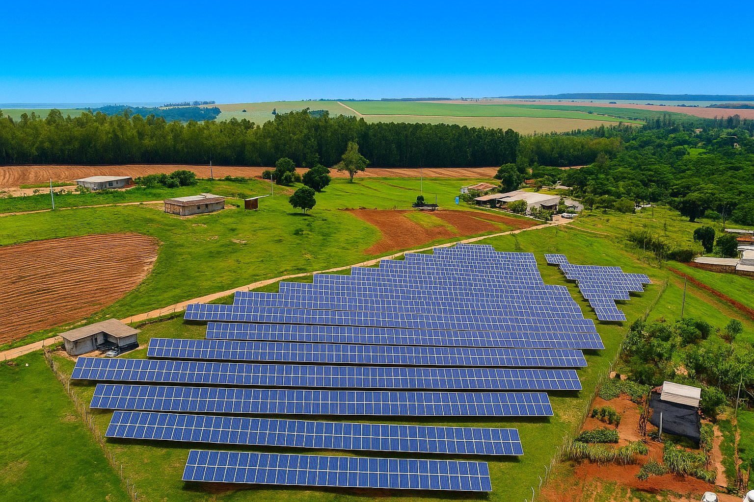 Vista aérea de usina solar em área rural com céu azul limpo e cores vivas.