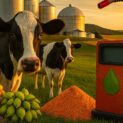 Cena rural com vacas leiteiras em pasto verde, milho, soja, subprodutos de ração e bomba de biocombustível ao pôr do sol, com silos agrícolas ao fundo