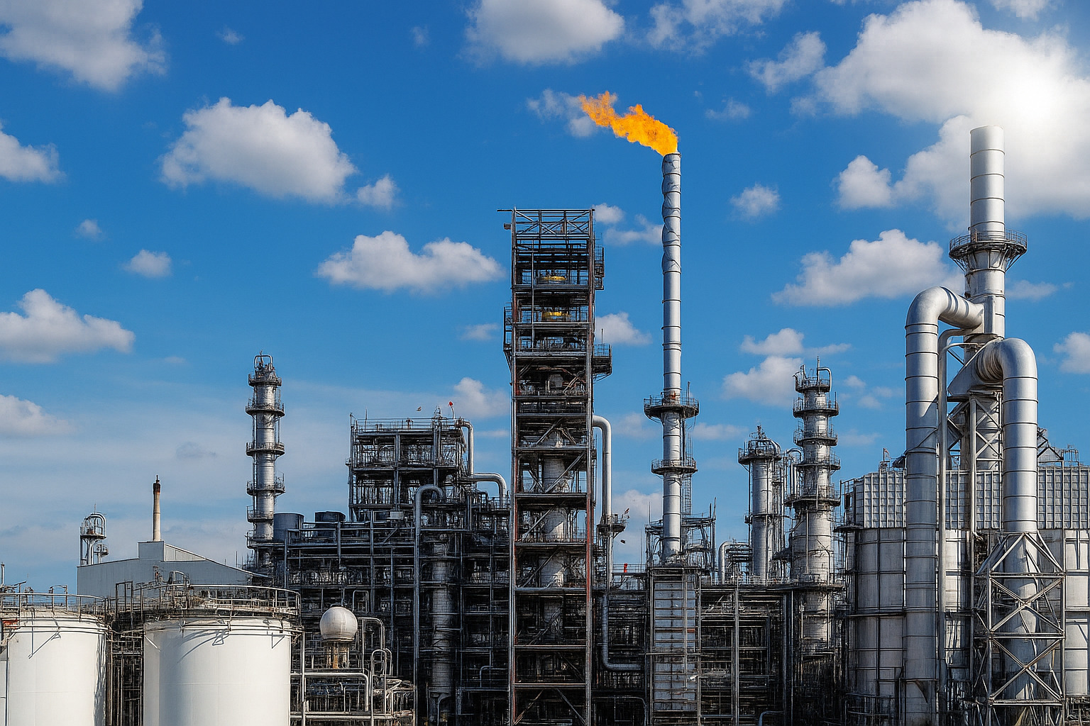 Refinaria de petróleo com chaminés industriais e céu parcialmente nublado.