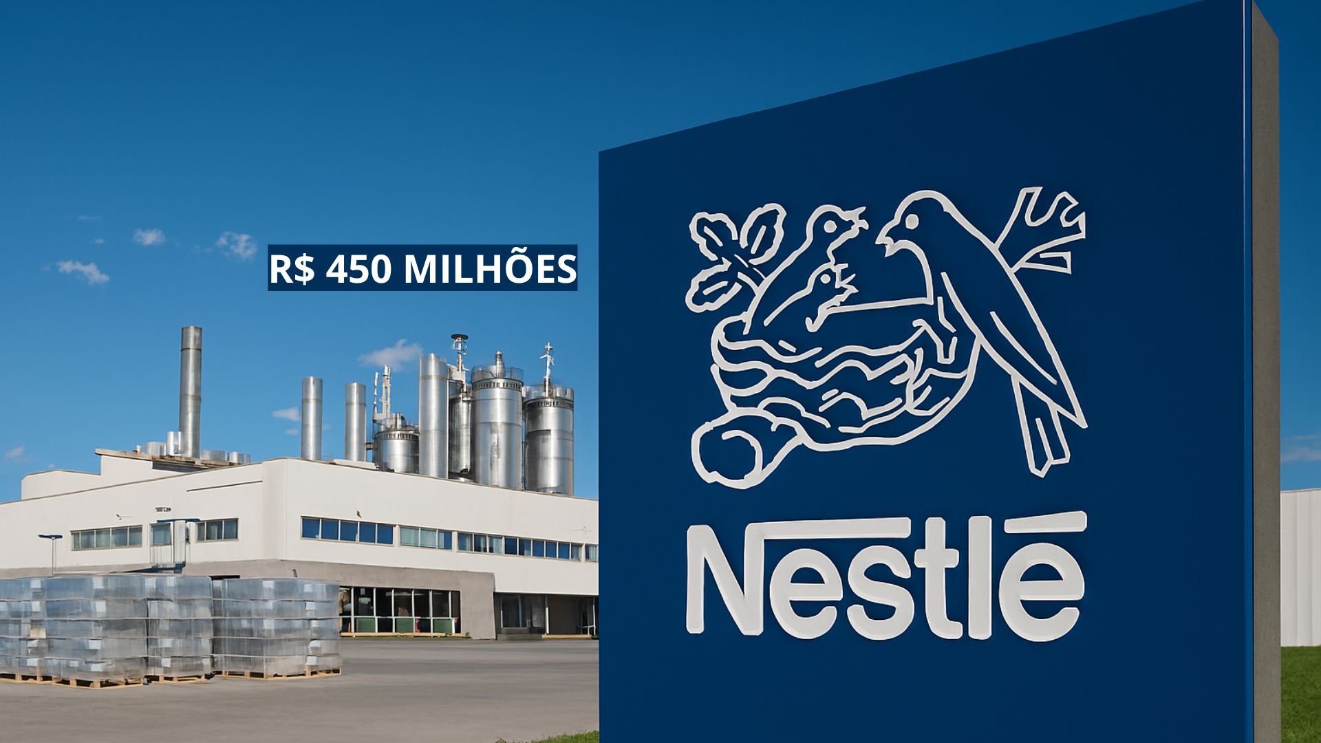 Fachada moderna da fábrica da Nestlé com silos industriais ao fundo e placa institucional com logotipo em destaque.