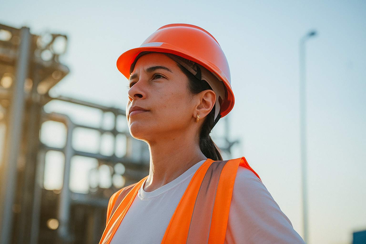Mulher engenheira de capacete e colete de segurança em obra industrial.