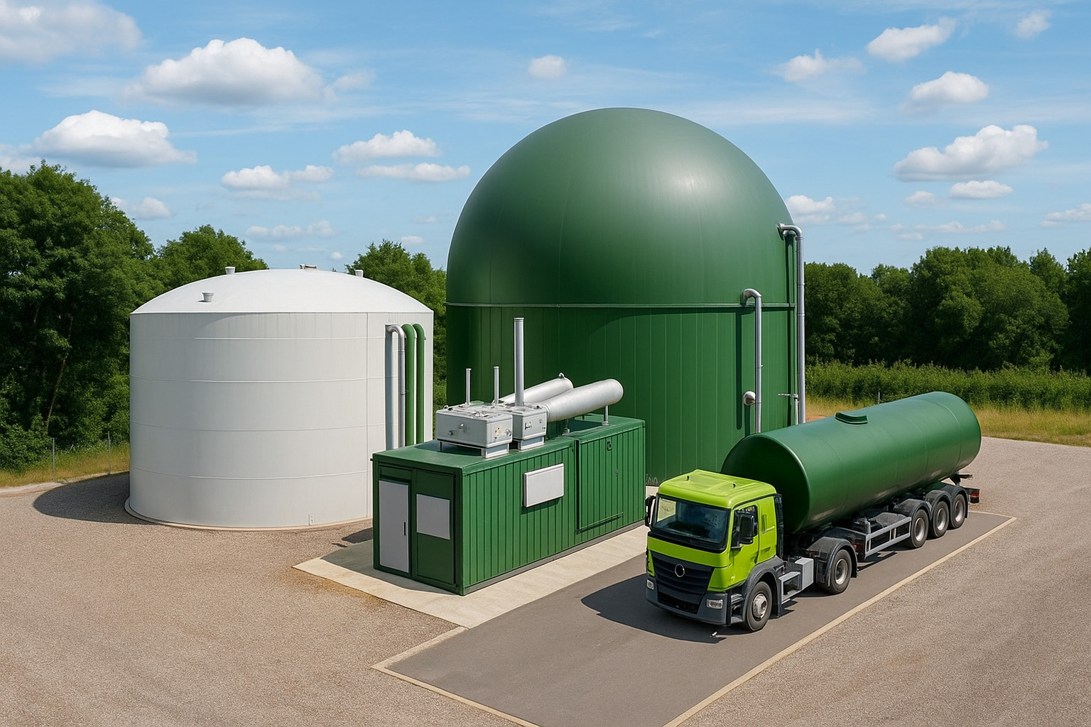 Usina de biogás realista com tanques e caminhão de transporte.