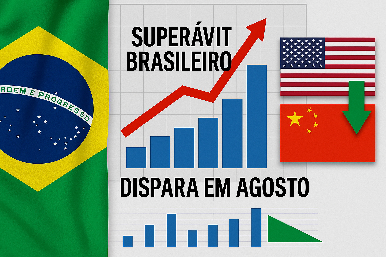 Gráfico do superávit comercial brasileiro em agosto com bandeiras dos EUA e da China