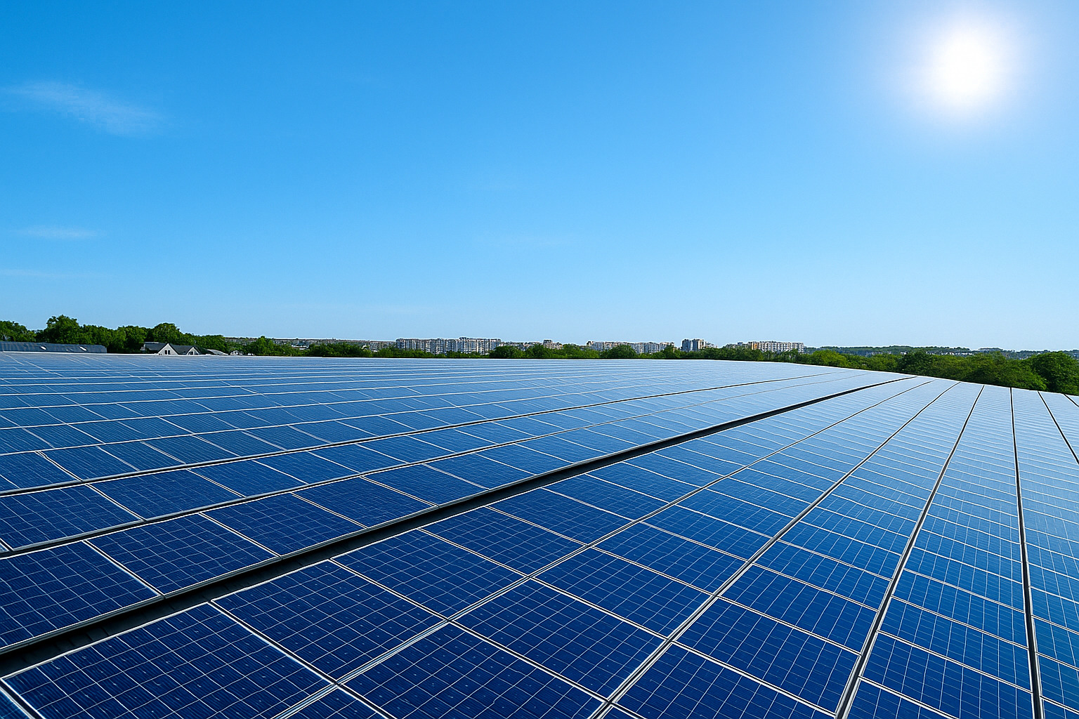 Painel solar em usina fotovoltaica sob o sol do meio-dia, captando energia renovável.