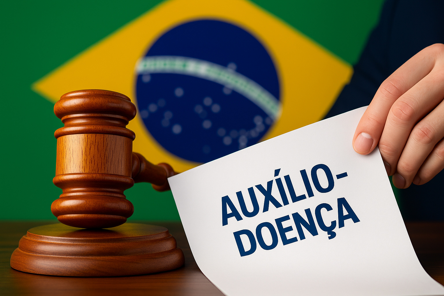 Decisão do STF sobre fim automático do auxílio-doença do INSS com destaque para documento e martelo da Justiça diante da bandeira do Brasil