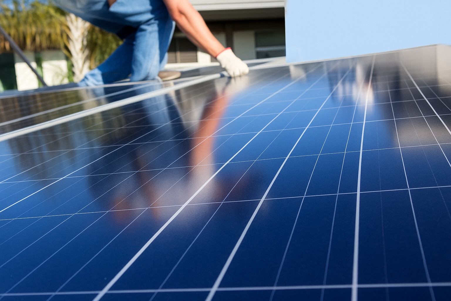 Profissional instalando painel solar em telhado residencial.
