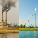 Comparação realista entre poluição industrial e energia renovável limpa com turbinas eólicas.