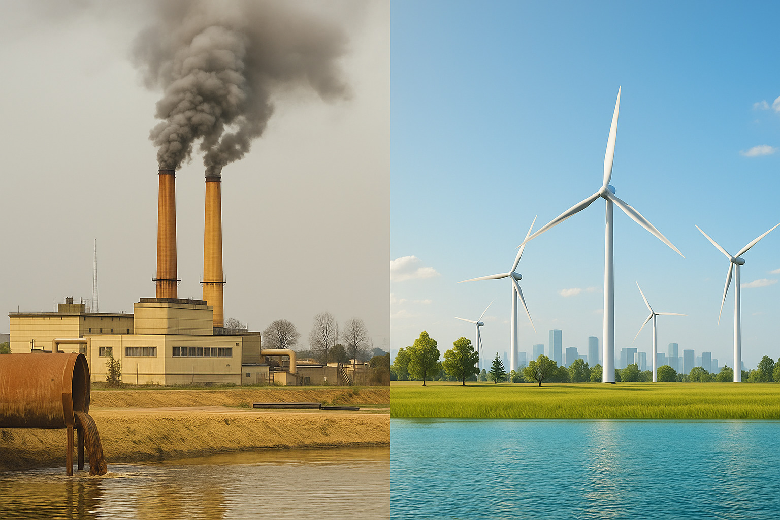 Comparação realista entre poluição industrial e energia renovável limpa com turbinas eólicas.