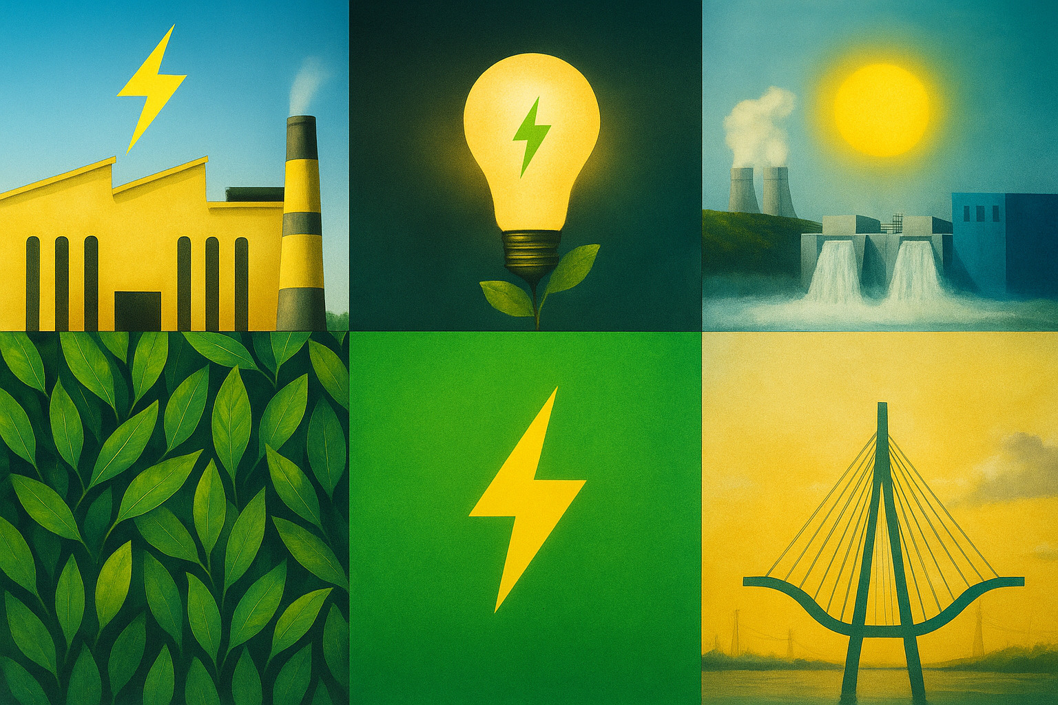 Colagem realista com seis imagens representando fontes de energia e sustentabilidade.