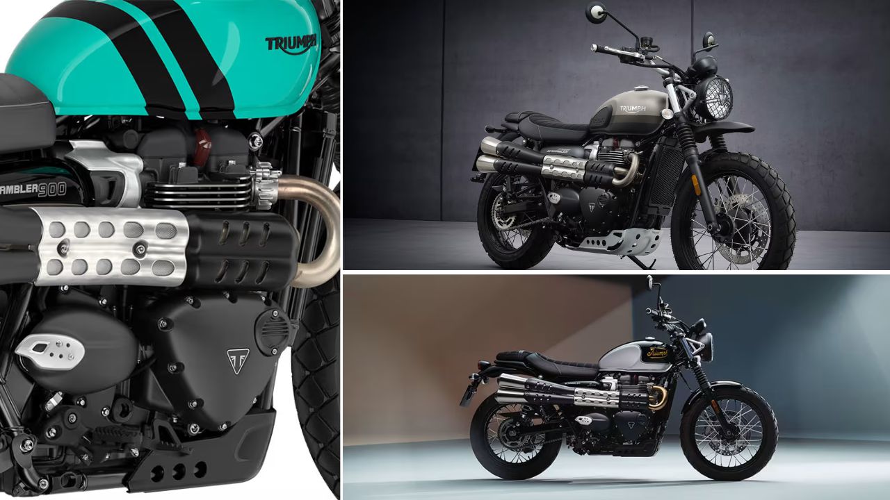 O design da Triumph Scrambler 900 2025 equilibra a nostalgia do farol redondo e das rodas raiadas com a personalidade robusta do icônico escapamento duplo elevado, criando um visual clássico instantaneamente reconhecível.
