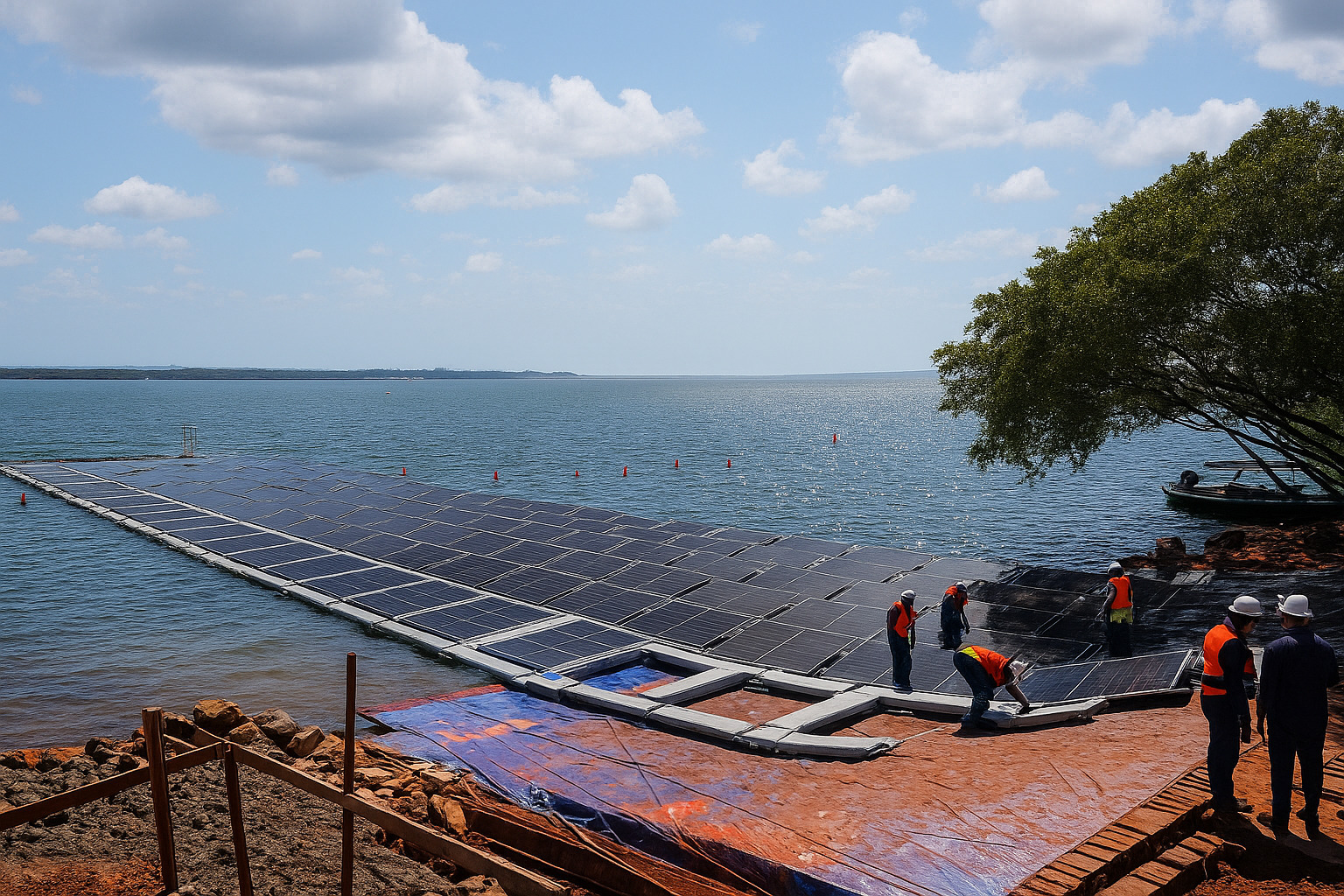 Trabalhadores instalam painéis solares flutuantes sobre a água em um lago sob céu parcialmente nublado.