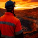 Trabalhador de mineração observa uma mina a céu aberto ao pôr do sol, vestindo equipamento de segurança com cores vibrantes.
