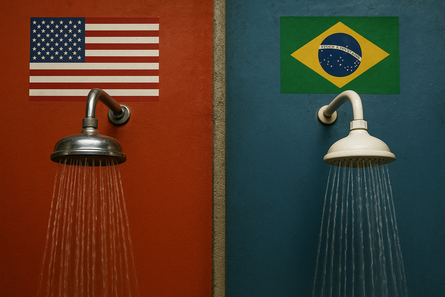 Banheiro típico no Brasil com chuveiro elétrico em funcionamento.