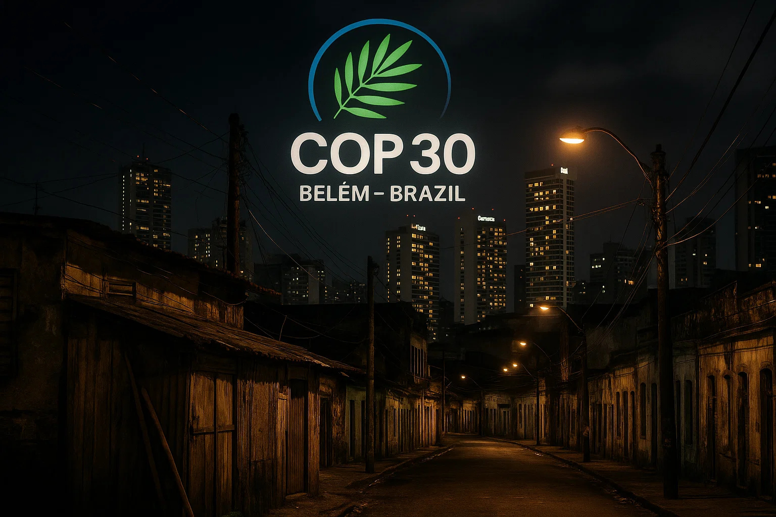 Belém iluminada à noite com destaque para COP30 e críticas sobre hospedagem e infraestrutura.